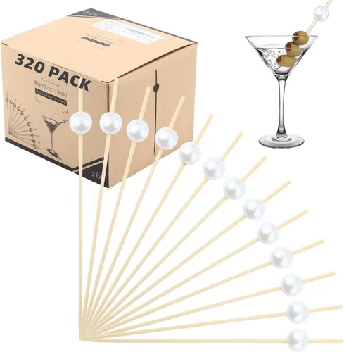 Miniatura 7 de Púas de bambú para cócteles, palillos de dientes, 120 unidades, 4.75 pulgadas, color blanco perlado de madera con volantes para aperitivo, Martini