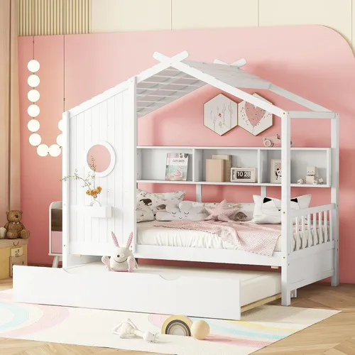 Miniatura 10 de SOFTSEA Cama de plataforma de tamaño matrimonial con nido y estantes de almacenamiento, marco de cama de madera con listones de soporte, cama