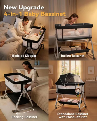 Miniatura 2 de Moisés 4 en 1 para Bebé Durmiente de Cabecera, Moisés de Cabecera con Ruedas, Moisés Ajustable de 6 Alturas con Colchón Suave, Mosquitero, Juguete