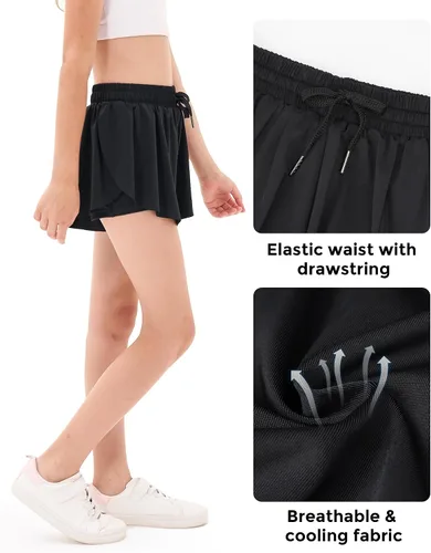 Miniatura 5 de Stelle Pantalones cortos fluidos con bolsillos para niñas, falda atlética para correr, cintura alta, mariposa, 2 en 1, pantalones cortos deportivos