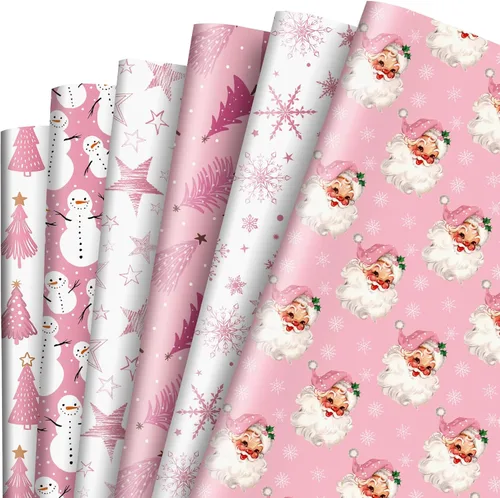 AnyDesign 12 hojas de papel de regalo de Navidad rosa Santa muñeco de nieve copo de nieve estrella árbol papel de regalo plegado plano papel
