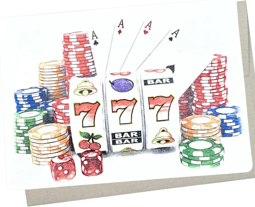 Tarjeta de felicitación de casino para todas las ocasiones (7 x 5 pulgadas, interior en blanco) para una tarjeta de cumpleaños de casino o