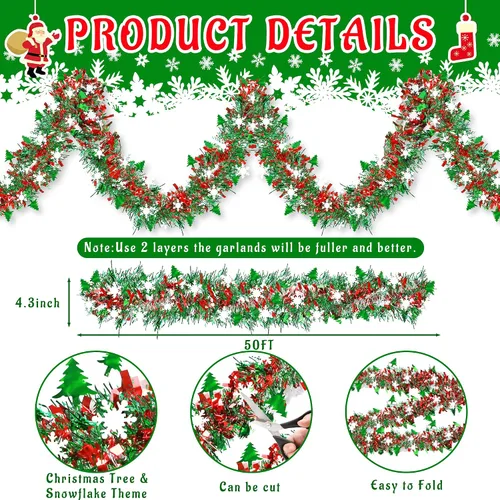 Miniatura 2 de 50 pies de decoraciones de Navidad con guirnalda de oropel con copo de nieve, árbol de Navidad rojo verde plateado brillante metálico girado