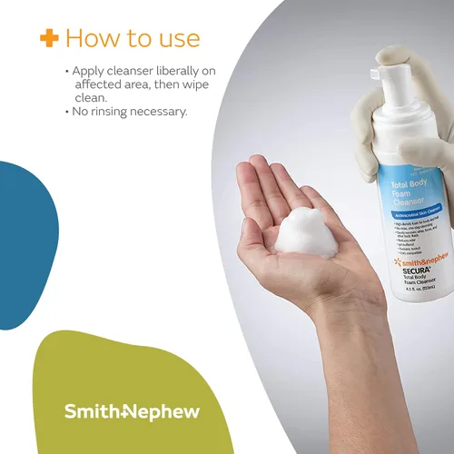 Miniatura 7 de Smith & Nephew 59430200 SECURA Limpiador de espuma corporal total, limpiador corporal sin agua, 4.5 onzas