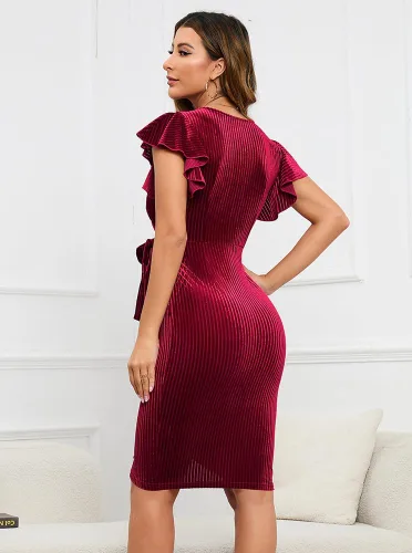 Miniatura 3 de oten Vestido de terciopelo con cuello en V profundo para mujer, manga con volantes, para cóctel, fiesta, boda, club, vestido cruzado de imitación