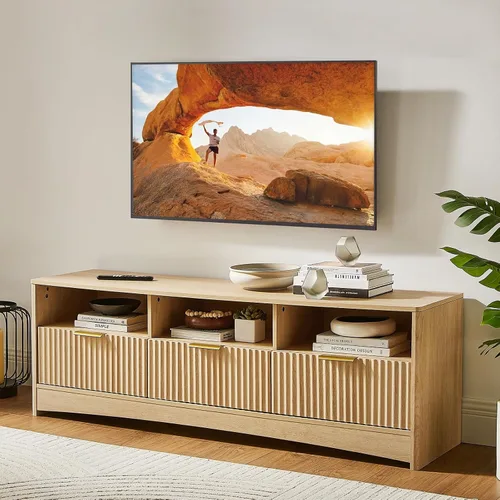 AMADA HOMEFURNISHING Soporte de TV acanalado para televisores de hasta 65 pulgadas, moderno centro de entretenimiento de mediados de siglo con