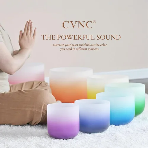 Miniatura 2 de CVNC 432HZ - Juego de 7 cuencos cantores de cristal de cuarzo esmerilado con diseño de degradado Aria de 6 a 12 pulgadas con 2 bolsas de transporte