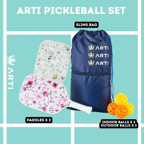 Miniatura 5 de ARTI Juego de 2 palas de pickleball aprobadas por USAPA, 2 raquetas de pickleball, 4 bolas y 1 bolsa de transporte portátil Flor Rosa Y Verde