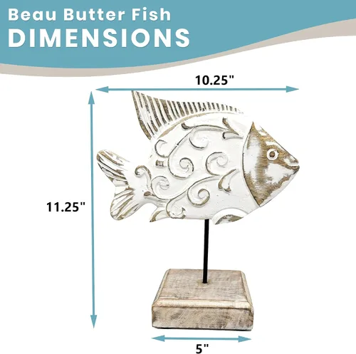 Miniatura 2 de Beau - Estatua de pescado de mantequilla en base Escultura de pescado de madera hecha a mano para casa náutica de playa, centro de mesa rústico