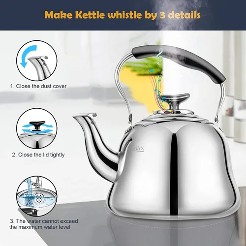 Miniatura 3 de Hervidor de Té para Estufa Silbante Clásico AMFOCUS, Hervidor de Té de Acero Inoxidable con Asa Plegable Resistente al Calor y Acabado Espejo, 2
