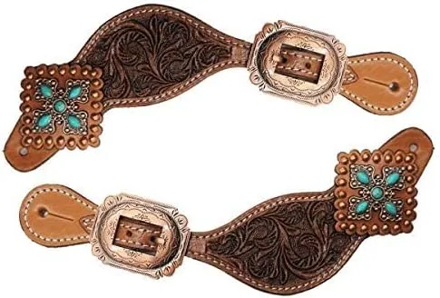 Showman Correas espolonas de cuero para mujer con conchos de piedra turquesa vintage