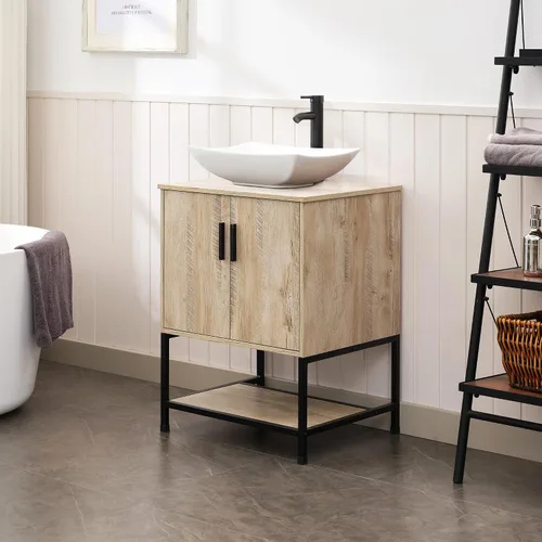 Miniatura 3 de UEV Tocador de Baño de Roble Rústico de 24" con Lavabo, Conjunto de Gabinete de Baño con Marco de Hierro Industrial con Puertas y Estante, con Combo
