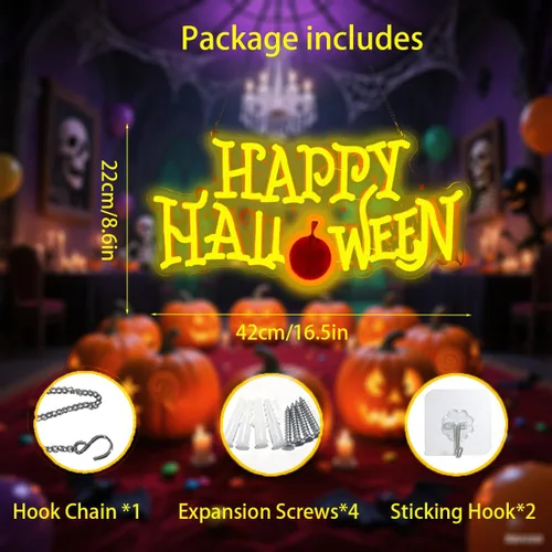 Miniatura 5 de Letrero de neón de feliz Halloween, letrero de bienvenida de LED para puerta delantera/recámara/hogar/patio, alimentado por USB, 16.5×8.6 pulgadas