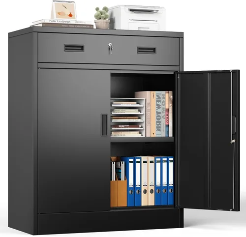 Miniatura 12 de Gabinete de almacenamiento de metal, armario de almacenamiento con bloqueo de 36 pulgadas de alto, armarios de metal con puertas y 2 estantes Negro