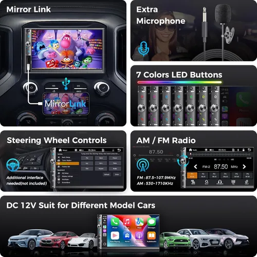 Miniatura 5 de Estéreo de auto doble DIN con pantalla táctil HD de 7 pulgadas, Apple Carplay inalámbrico y Android Auto, Bluetooth, 240W, SWC, salida de subwoofer