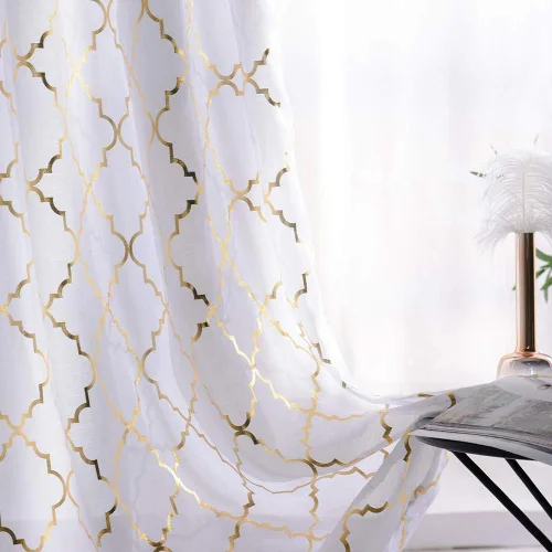 YJ YANJUN Cortinas traslúcidas de 63 pulgadas de largo, cortinas de gasa metálicas doradas y blancas para dormitorio, diseño moderno marroquí