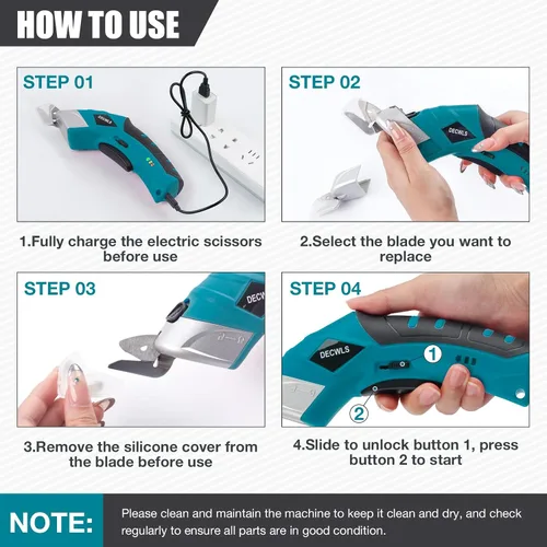 Miniatura 8 de Tijeras eléctricas inalámbricas para tela con 3 cuchillas, tijeras potentes recargables de 4 V con bloqueo de seguridad adecuadas, herramienta