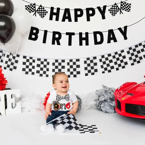 Miniatura 3 de Cartel de cumpleaños de coche de carreras, pancarta negra de feliz cumpleaños, decoraciones de fiesta de coche de carreras, suministros de fiesta