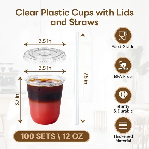 Miniatura 3 de Vplus Paquete de 100 tazas de café helado de 12 onzas con tapas, vasos de plástico desechables con tapas y popotes para bebidas frías, jugos