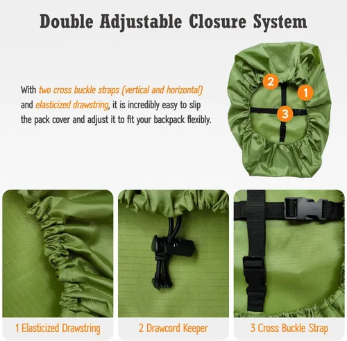 Miniatura 4 de Cubierta impermeable para mochila de lluvia (15-90L), cubierta de nylon resistente con sistema de cierre doble ajustable actualizado y bolsa