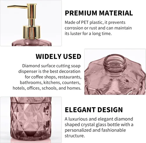 Miniatura 7 de Dispensador de jabón con bomba, dispensador de jabón con patrón de diamante para encimera de cocina, baño, accesorios de baño rosa intenso Rosa