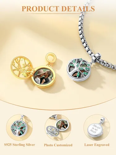 Miniatura 10 de Custom4U Photo Charms for Bracelets 925 Sterling Silver/Gold Plated Heart/Tree of Life/Round Charm Bead Personalized with Picture Custom