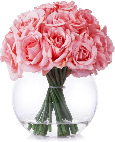 Miniatura 6 de Arreglo floral de rosas abiertas de seda de 21 cabezas en jarrón redondo de vidrio con agua sintética para decoración de centros de mesa de boda