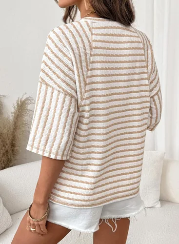 Miniatura 2 de Dokotoo Camisetas de verano para mujer, camisetas de gran tamaño para mujer, a rayas, bloques de color, manga corta, cuello redondo, blusas casuales