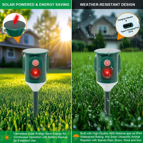 Miniatura 3 de Repelente solar ultrasónico de animales para exteriores, disuasorio de plagas activado por movimiento de 360° con luz estroboscópica, protección