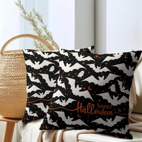Miniatura 7 de Happy Halloween - Juego de 2 fundas de almohada decorativas de lino y algodón negro con diseño de murciélago blanco de 16 x 16 pulgadas, fundas