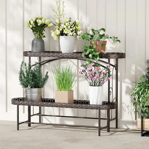 Soporte para Plantas de Exterior Interior de 2 Niveles de Metal, Soporte para Plantas Desmontable de Servicio Pesado, Estante Alto Portamacetas de