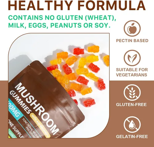 Miniatura 8 de Gomitas de hongos para adultos, suplemento de hongos 10x, energía, concentración, apoyo al estado de ánimo y cognitivo, vegano, inmunológico, apoyo