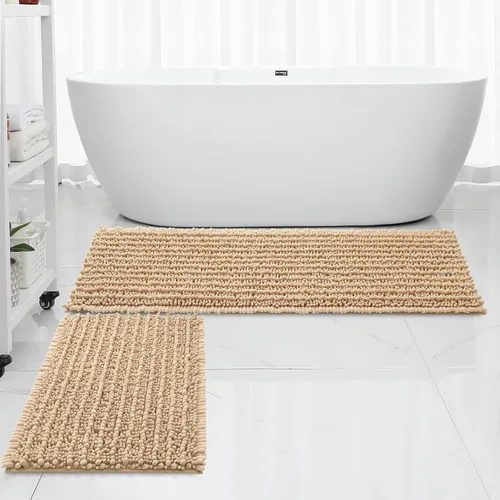 Miniatura 9 de FLOLEOPA Alfombras de Baño de Chenille de Lujo Color Beige Juego de Tapetes de Baño, Extra Suaves y Absorbentes Alfombras de Baño Antideslizantes
