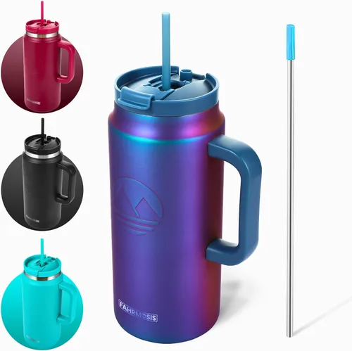 Miniatura 18 de FAHRMOSIS Vaso de 40 onzas con asa y pajita, taza aislada que cabe en el portavasos para bebidas frías y calientes, vaso a prueba de fugas