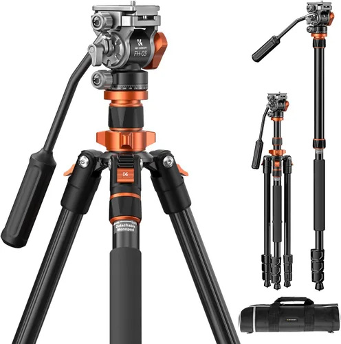 K&F CONCEPT Trípode de video de cámara de 83 pulgadas para DSLR, trípode de aluminio compacto con cabezal fluido panorámico de 360° para viajes,
