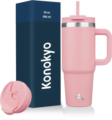 Miniatura 39 de Konokyo - Vaso de 40 onzas con asa y 2 pajillas, botella de agua aislada 2 en 1 con tapa. Taza de viaje de acero inoxidable para café, flores