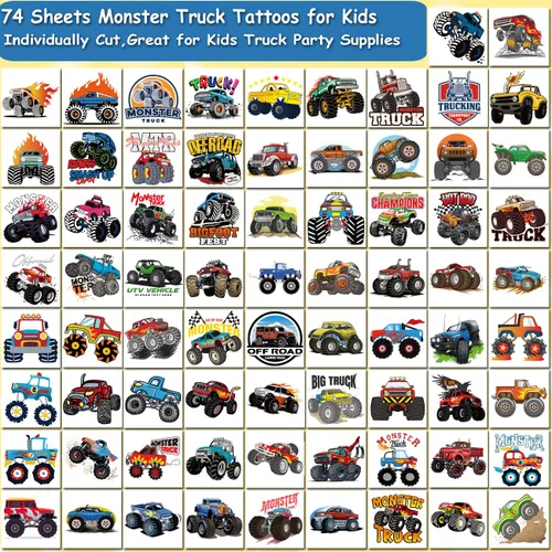 Miniatura 2 de CHARLENT Tatuajes temporales de Monster Truck para niños, suministros de fiesta – 74 hojas individuales de tatuajes de camión monstruo para niños