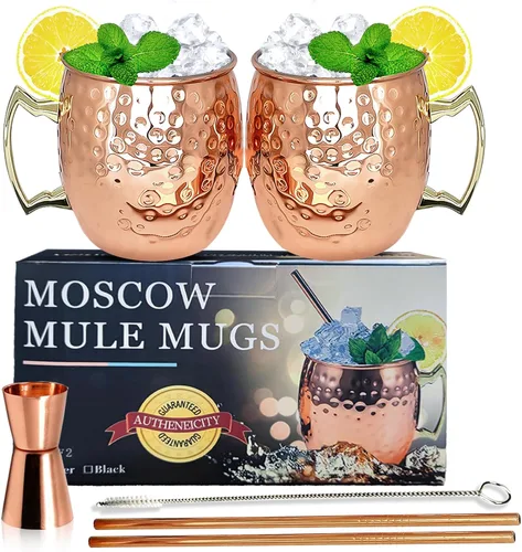 LINALL Moscow Mule - Juego de 2 tazas grandes forradas de acero inoxidable chapado en cobre de 18 onzas, tazas martilladas seguras para alimentos a