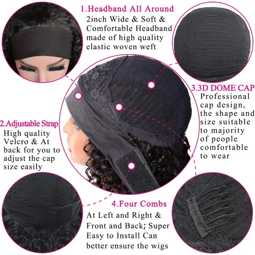 Miniatura 10 de Peluca de cabello humano con diadema de ondas profundas, sin pegamento, pelucas de cabello rizado sin encaje frontal, pelucas de cabello humano