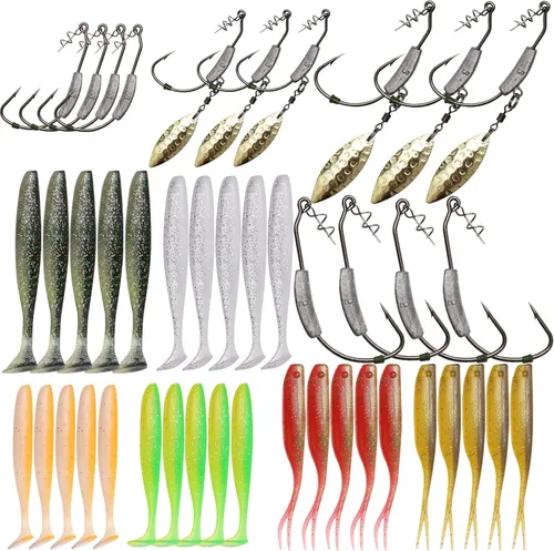 Miniatura 9 de Dovesun 12PCS/44PCS Anzuelos Ponderados de Natación Anzuelos de Pesca Ponderados Anzuelos de Agua Salada y Agua Dulce de Gusano Sin Malas Hierbas