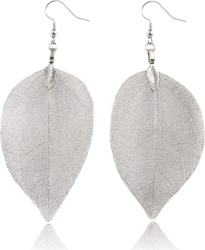 Miniatura 16 de Joyas de hoja de oro rosa y plata para mujer. Pendientes de hoja natural y collares circulares colgantes. Elegantes conjuntos de joyas colgantes.