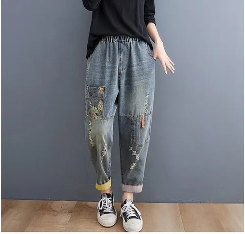 Miniatura 3 de LAI MENG FIVE CATS Pantalones vaqueros sueltos para mujer, pantalones harén con cintura elástica con bolsillo