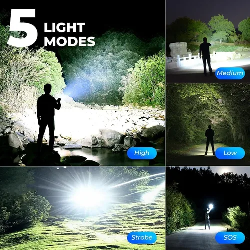Miniatura 5 de Linterna LED recargable de alto lúmenes – 99,000 lm luz de flash súper brillante con 5 modos, potente Lintera para el hogar, campamento