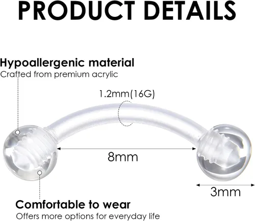 Miniatura 2 de Yolev 15 piezas de retenedores de piercing transparentes para cejas, 0.63 onzas, barra curvada invisible, anillos de ombligo de plástico, cartílago