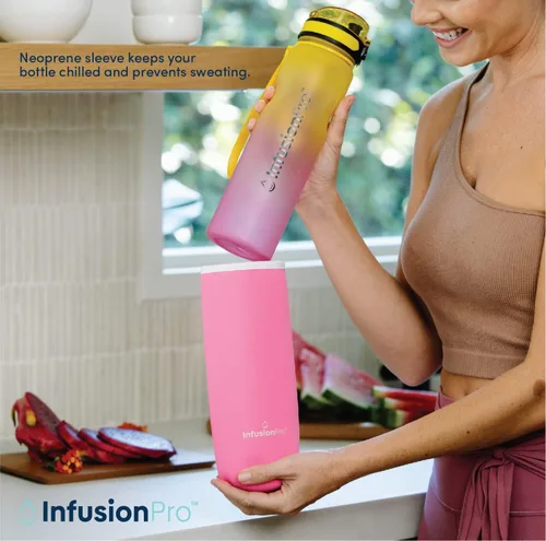 Miniatura 3 de Infusion Pro Botella de agua con infusor de frutas de 32 onzas con marcador de tiempo - Tapa superior abatible con cierre, funda aislada y libro Surf