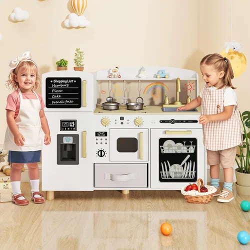 Miniatura 2 de INFANS Juego de cocina para niños, juego de juguetes de cocina de madera para niños pequeños con tablero de dibujo acrílico, máquina de hielo, Blanco