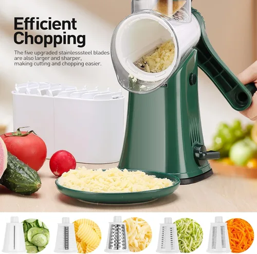 Miniatura 3 de APSARAS USA - Rallador giratorio de queso, rallador giratorio 5 en 1, rallador de queso, manivela de mano, cuchillas inoxidables reemplazables, Verde