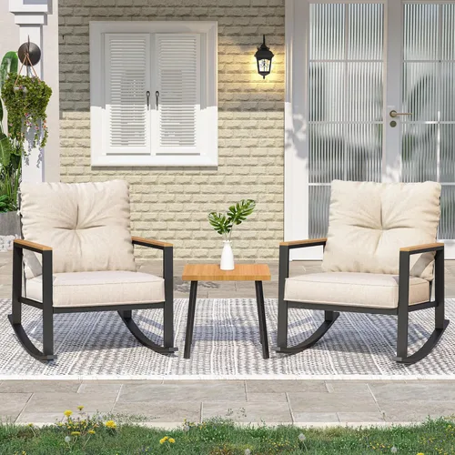 Juego de 3 piezas mecedoras de bistró, juego de muebles de patio al aire libre con cojines gruesos y mesa auxiliar, juegos de conversación de patio