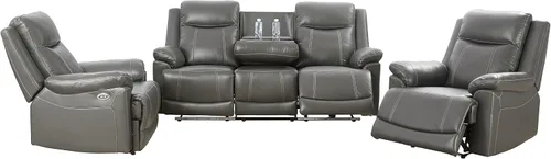 Juego de sofá reclinable de 3 piezas, muebles de sala de estar, tapicería de cuero de aire, puertos de carga USB 2.0, tiras de luz LED, mesa