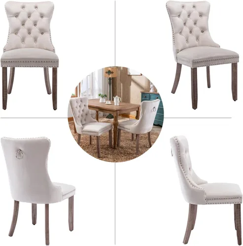 Miniatura 8 de Juego de 4 sillas de comedor de terciopelo beige, sillas de comedor tapizadas con adorno de tirador de anillo trasero y patas de madera maciza